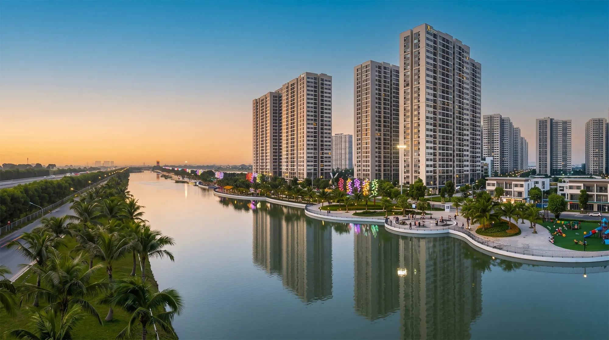 Các tòa căn hộ chung cư Vinhomes Global Sportia nằm gần hồ, gần sông xanh mát